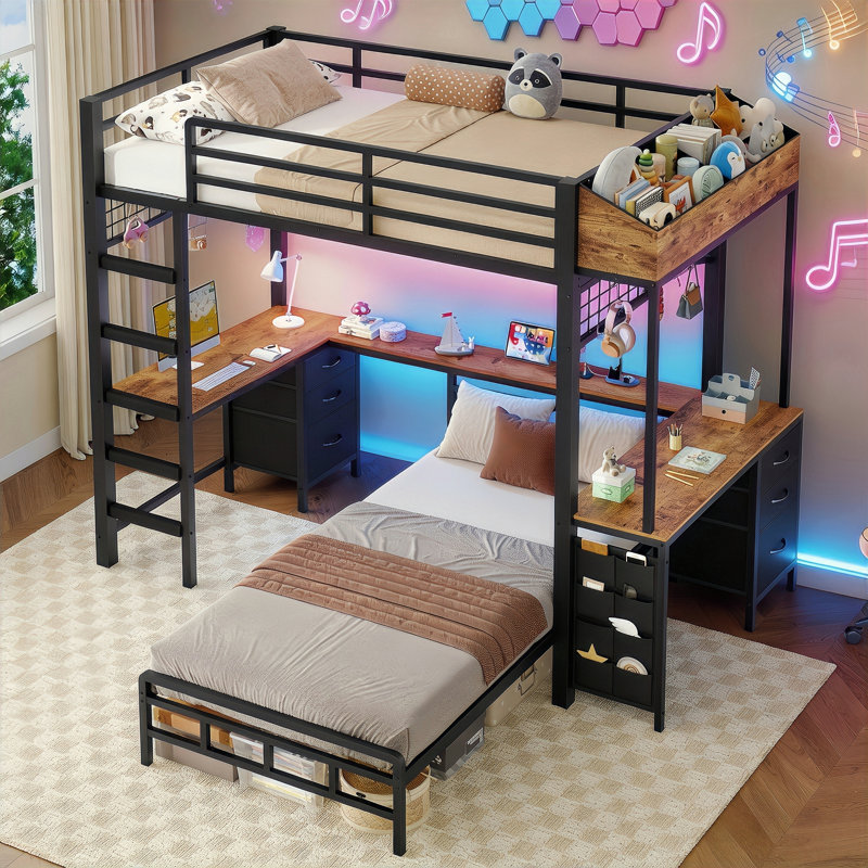 Twin Over Twin Bunk Bed with Double Desks and Storage Space 86.2 x 83 x 72.6'', Black + Brown