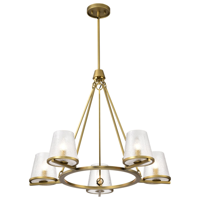 Valentine - Chandelier - Finish - Hammered Glass, 23.5" H x 30" W x 30" D, 5 Lights, Vintage Brass