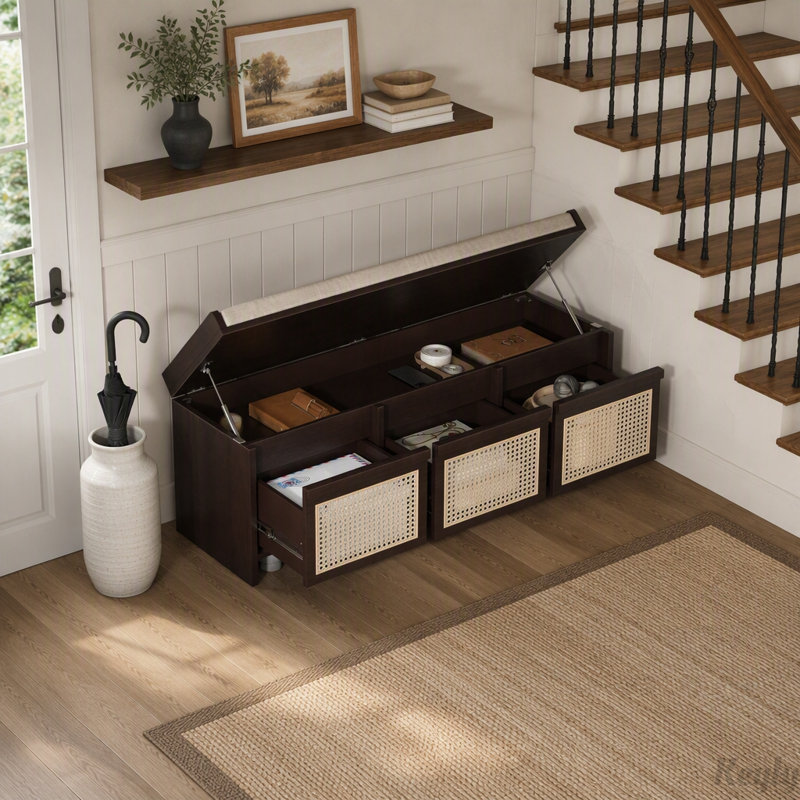 Banc de rangement rétro avec tiroirs en rotin et coussin capitonné, Espresso