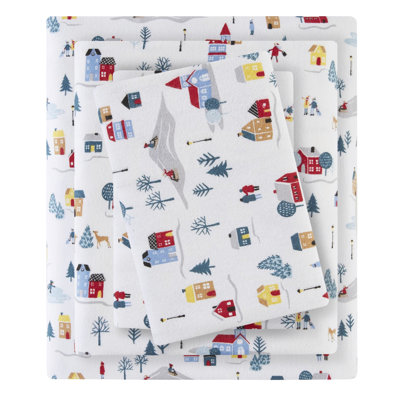 King 4 Pcs Sheet In White Village Print, 100% Cotton Flannel, Ultra - Cozy And Machine Washable, , With Flat Sheet, Fitted 2 Pillowcases For King, Soft Cozy, Includes Flat, Sheets