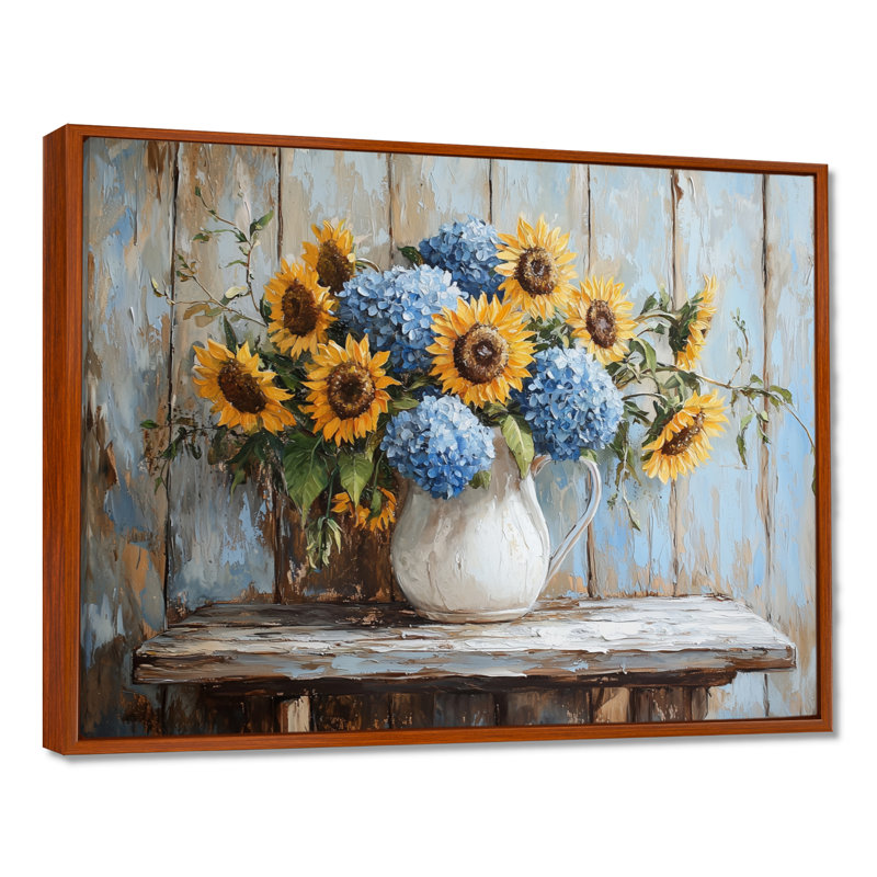 «Dubon Hydrangeas And Sunflowers Farmhouse I - Hydrangea», art mural, H 12 po x l 20 po, Impression encadrée flottante, Brun