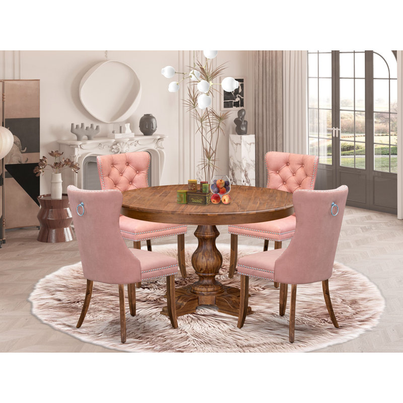 L'ensemble de salle à manger 5 pièces contient une table de cuisine en bois et 4 chaises Parson en tissu de polyester rouge beige avec dossier capitonné, noyer antique