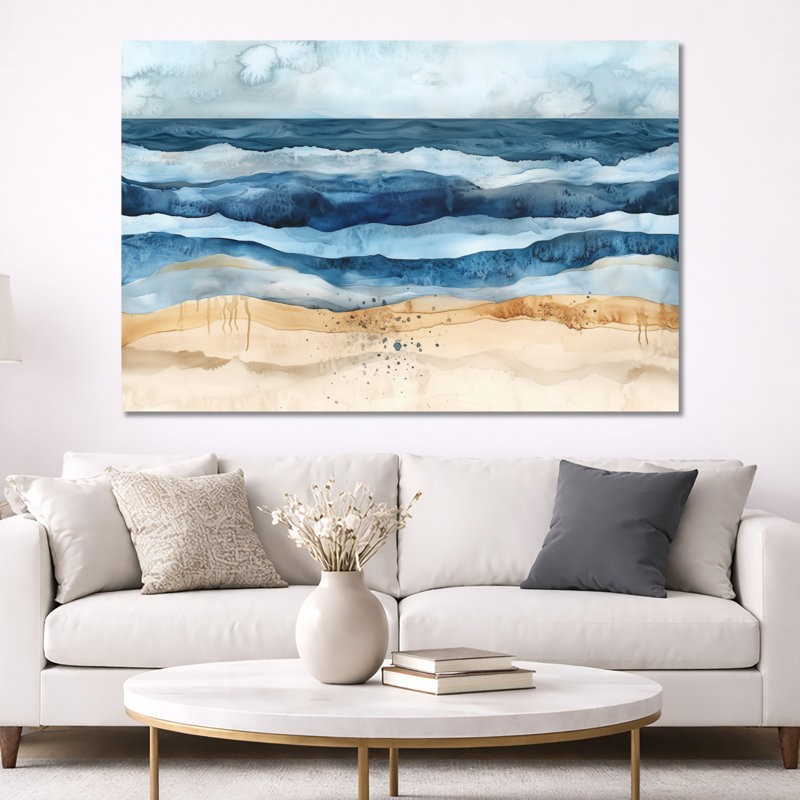 Toile bleue sable, art mural abstrait côtier, océan abstrait rencontre la terre, 40" H x 60" W, Toile tendue