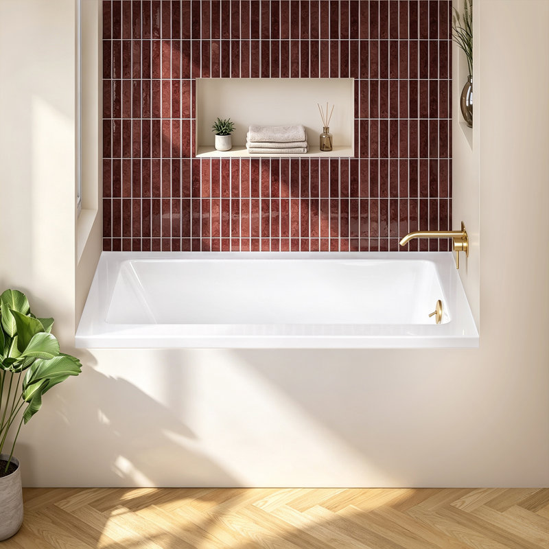 54" W X 32'' D Alcove Rectangular Bathtub Drop-In Soaking Tub 3-Wall Acrylic White Bathroom Tub With Integrated Overflow