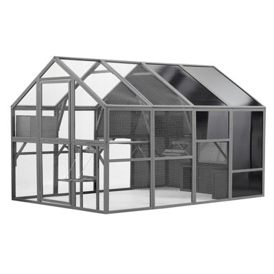 Luxury Outdoor - Gray Wooden Enclosure With Bouncy Bridge, Platforms & Sunshine Panel For Multiple Cats Cat Playpen Extra Large Protection Pets