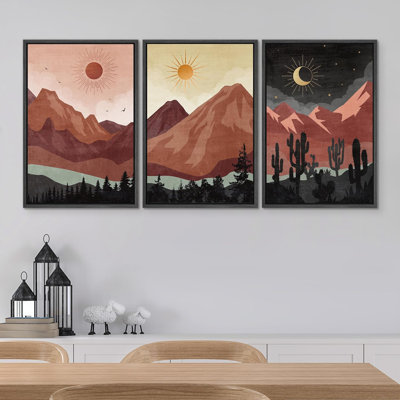 «Pastel Dark Brown Mountain Landscape», reproduction de tableau sur toile 3 pièces