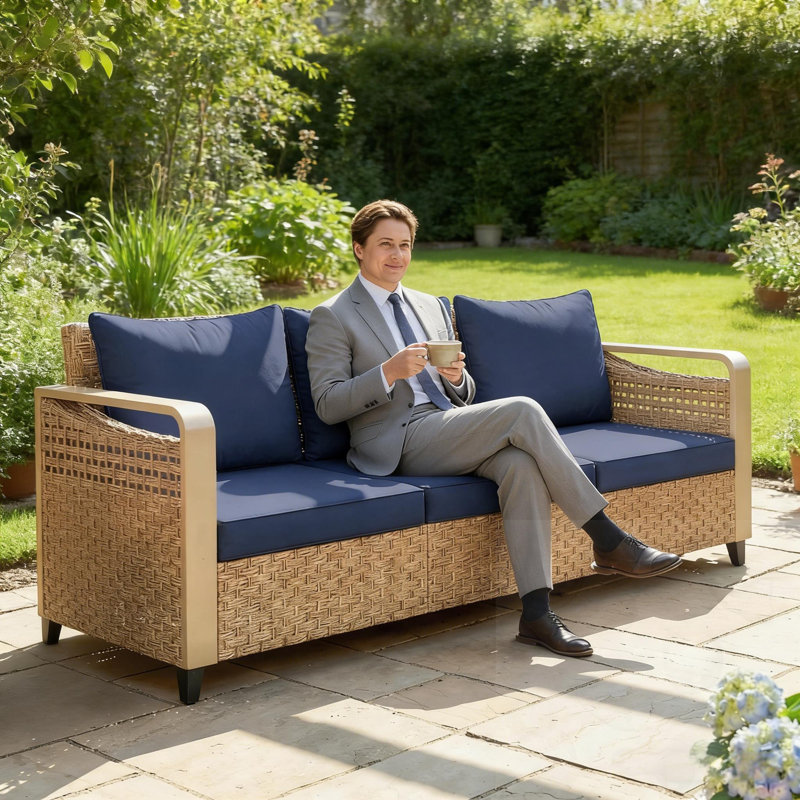 Rattan Patio Sofa With Cushions, Dark Blue