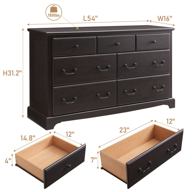 Fariah 54''W  Vintage 7 - Drawers Dresser Organizer, Wood Rustic Wide Chest of Drawers, Espresso