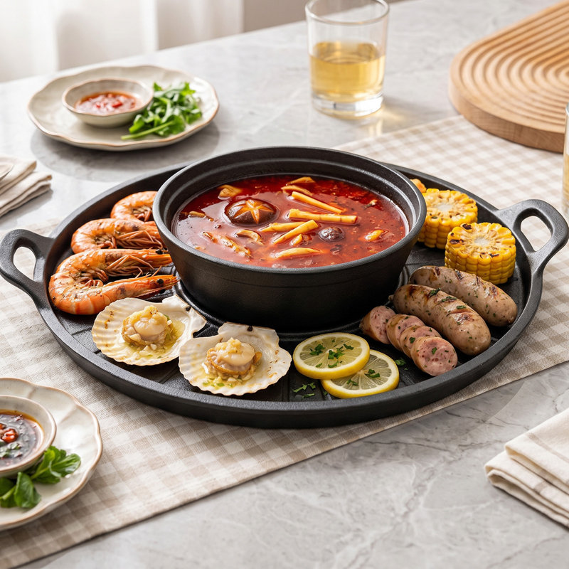 Ensemble de deux pièces en fonte comprenant un chaudron, une poêle et une plaque de cuisson. Convient aux plaques à induction, aux cuisinières à gaz, aux fours et aux plaques électriques.