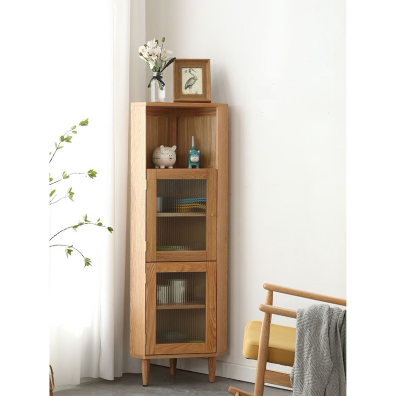 Solid Oak Frame Corner Curio Cabinet with Fluted Glass Panel