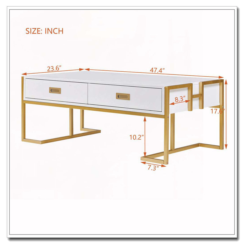 Table basse rectangulaire à 4 tiroirs et base dorée, Blanc