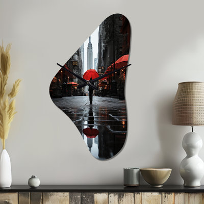 Keishanna Monochrome Red And Grey New York City Rhythm II - Asymmetrical New York Metal Wall Clock, Red Wall Clock Print
