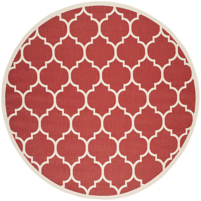 Tapis d'intérieur / extérieur à motif géométrique rouge / beige Arneshia, Rond 7 pi 1 po