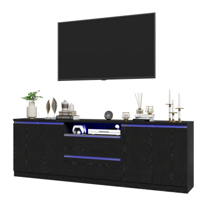 Meuble télé 94,5 po pour téléviseur 100/90/80 po, meuble télé haut de gamme avec armoires et tiroirs de rangement, console média avec tablettes réglables pour le salon