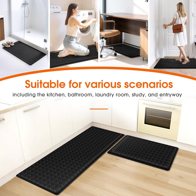 Tapis de cuisine, tapis de cuisine 2 pièces, tapis de cuisine rembourrés anti-fatigue pour plancher, tapis d'évier antidérapant, tapis de cuisine imperméable pour plancher de cuisine, 17,3 po x 30 po + 17,3 po x 47 po, noir