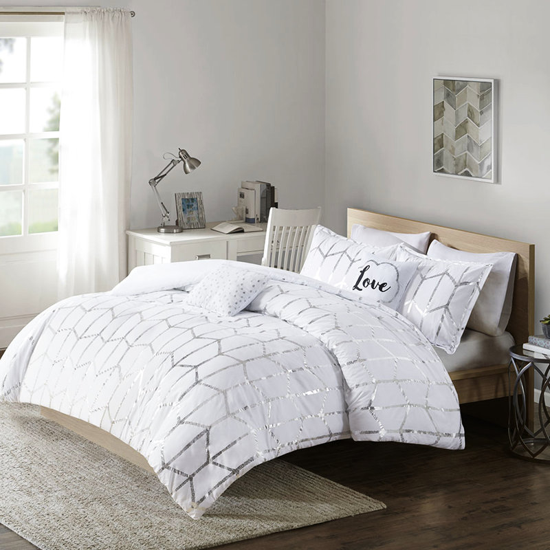 Attrayant édredon à imprimé métallique double / grand - Argent sur blanc géométrique, microfibre ultra douce, 2 taies décoratives, coussin décoratif et taie décorative géométrique blanc, coussins, literie confortable