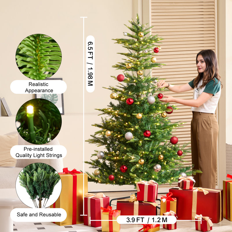 Arbre de Noël artificiel 6,5 pi avec 350 DEL blanches et 900 pointes