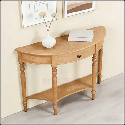 Farmhouse Half Moon Console Table with Drawer & Shelf, Space-Saving Design for Narrow Entryways and Hallways