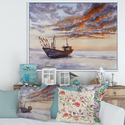 Bateau de pêche en bois sur la côte baltique - Peinture sur toile