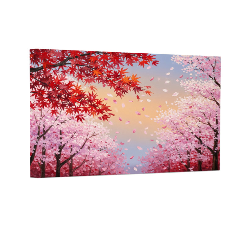 Paysage et nature cerisiers en fleurs et feuilles d'érable rouges, H 24 po x l 36 po
