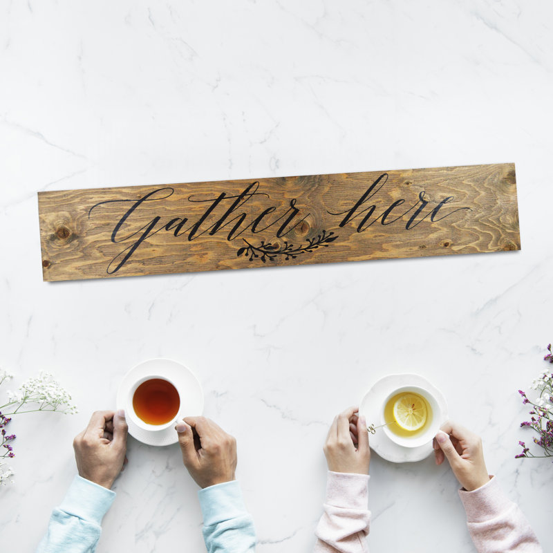 « gather here », art textuel sur bois