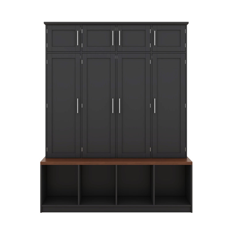 Arbre d'entrée avec banc de sièges, armoire à chaussures d'entrée avec compartiments ouverts, 4 crochets de suspension cachés et 8 portes