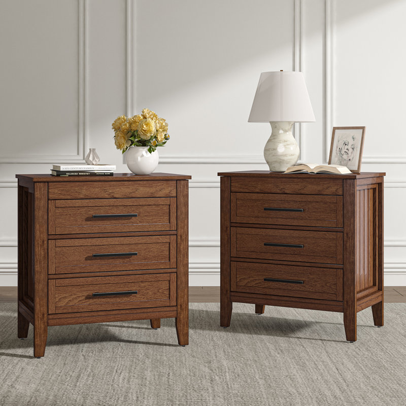  Giordana 28"W Transitional 3-Drawer Nightstand with Hidden Pull-out Drawer and Charging Station, Walnut
