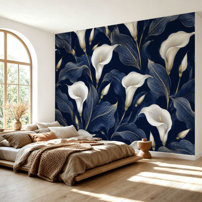 Papier peint adhésif peler et coller fleurs d'anthurium sans soudure à motif floral feuilles bleu foncé autocollant amovible en papier contact mural pour le salon Chambre à coucher H 69 po x l 96 po