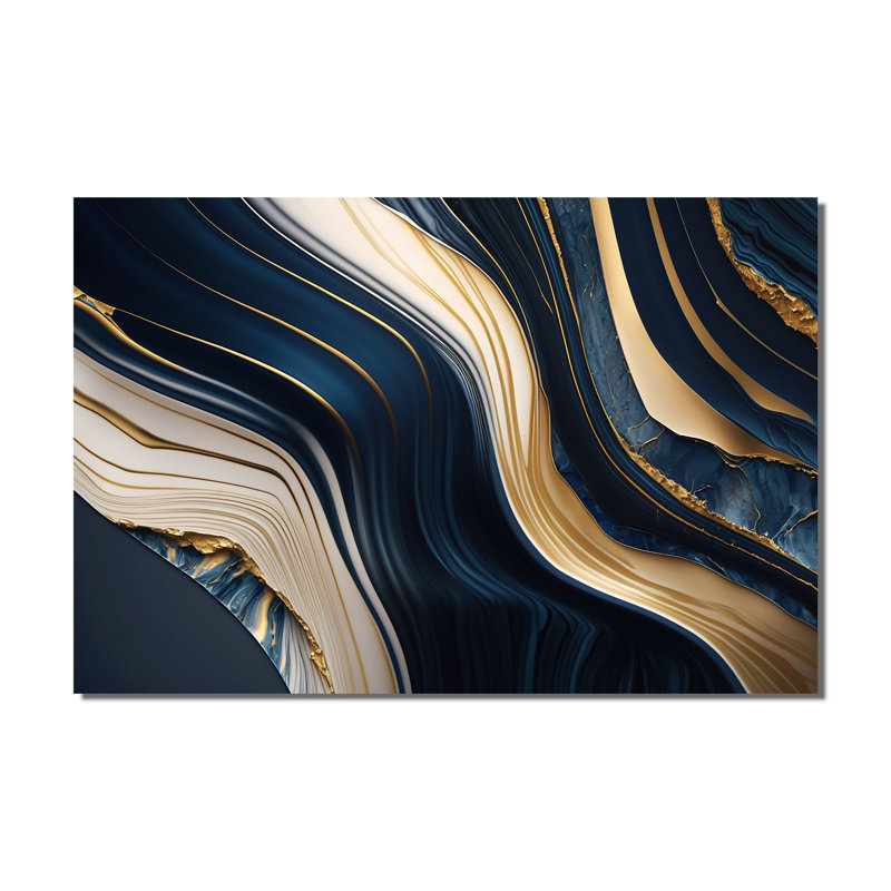 Abstrait géométrique vagues bleues et dorées II - art mural abstrait