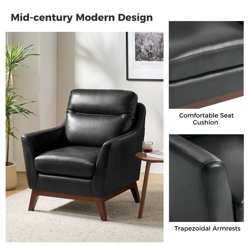 Mariessa Mid-Century Modern Genuine Leather Armchair, Black Genuine Leather