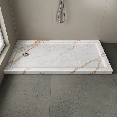 60 in. x 36 in. Shower Pan Shower Base in Calacatta Gold With 4 Removable Flange