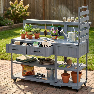 Banc de rempotage de patio 62,3 po, chariot de préparation pour barbecue en bois massif avec plateau et tiroirs en acier inoxydable, îlot de cuisine extérieur avec roulettes