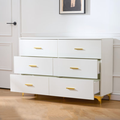 6 Drawer Dresser with Gold Handles & Metal Legs, Deep Storage Space, Modern Chest for Living Room and Hallway