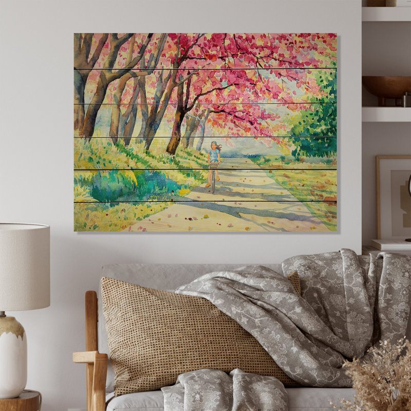 «Biking in the Summer Park» - Peinture sur bois sans cadre, H 12 po x l 20 po x P 1 po