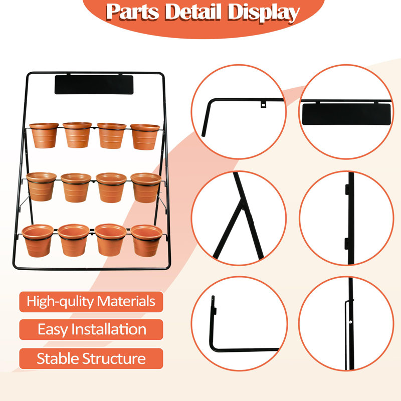 Black Metal 3-Tier Plant Stand with 12 Terracotta Pots