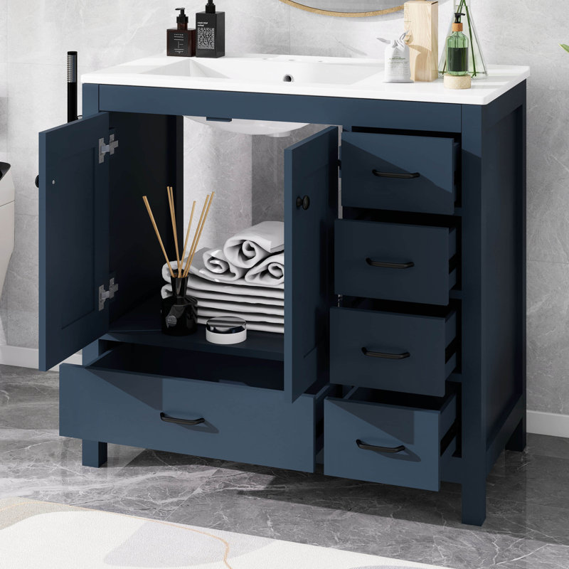 Meuble-lavabo de 36 po avec lavabo, meuble-lavabo avec 5 tiroirs à fermeture en douceur et 2 portes à fermeture en douceur
