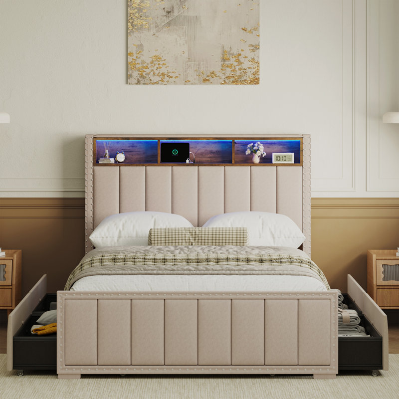 Upholstered Platform Bed Frame with Charging Station, 4 Drawers & LED Lights – Heavy Duty, No Box Spring Needed, Full