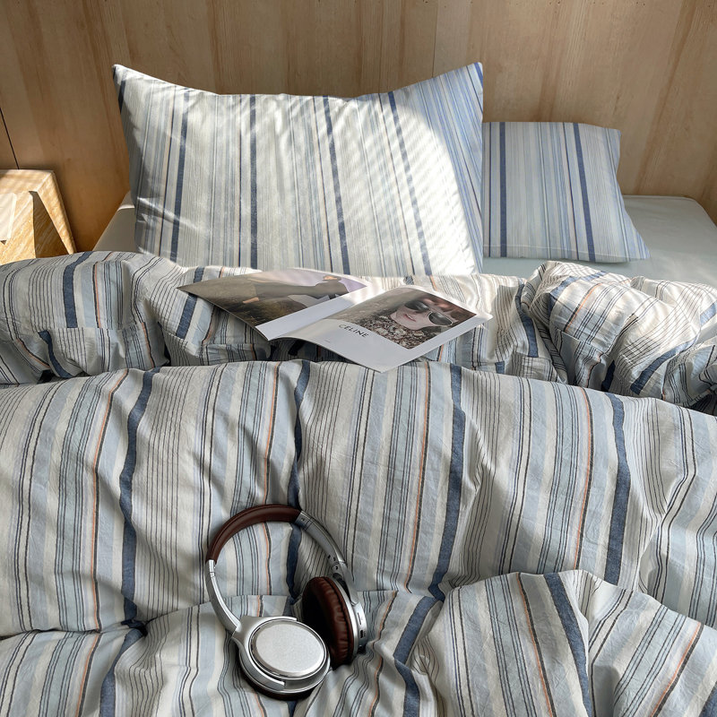 Farmhouse Colorful Pinstripe Washed Cotton Duvet Cover Set, Full Duvet Cover + 2 Pillowcases, Blue/White