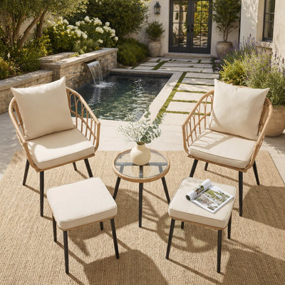 Ensemble de mobilier de patio 5 pièces, ensemble bistro en osier d'extérieur avec coussins épais, idéal pour le balcon, le porche, la terrasse, la cour et le bord de la piscine