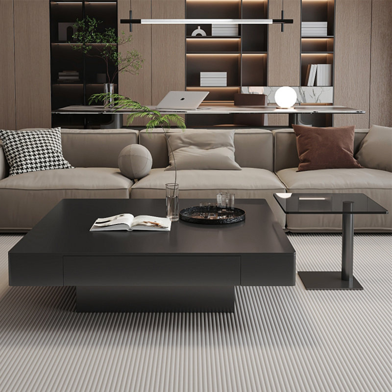 Italian light luxury square stone coffee table, Black/Transparent, 11.8" H x 47.2" L x 47.2" W