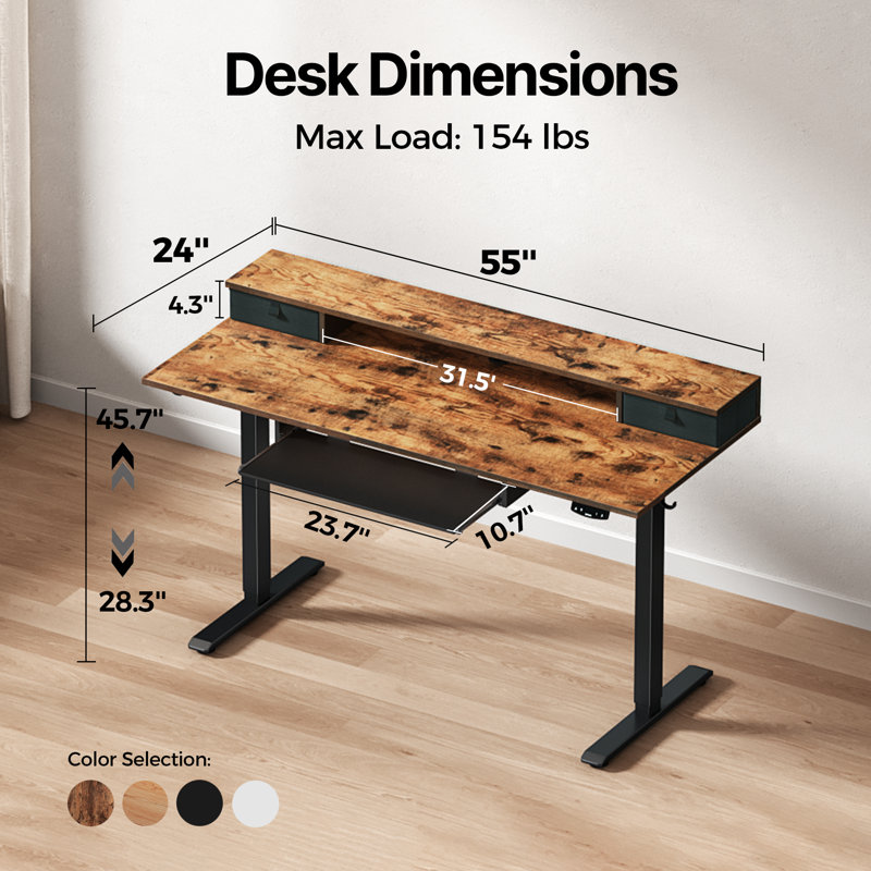 55" Electric Standing Desk With 2 Drawers And Keyboard Tray, Height Adjustable Desk for Home Office , 45.7" H x 55" W x 24" D