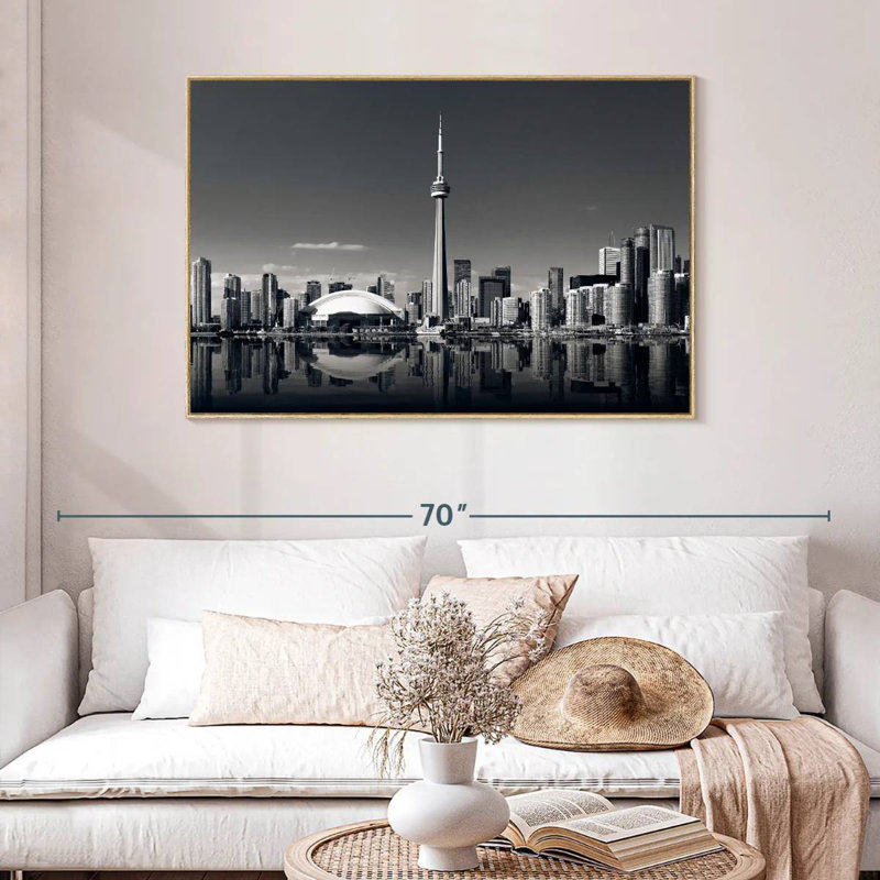 Horizon de Toronto monochrome, Cadre flottant en bois naturel, 46 po x 31 po