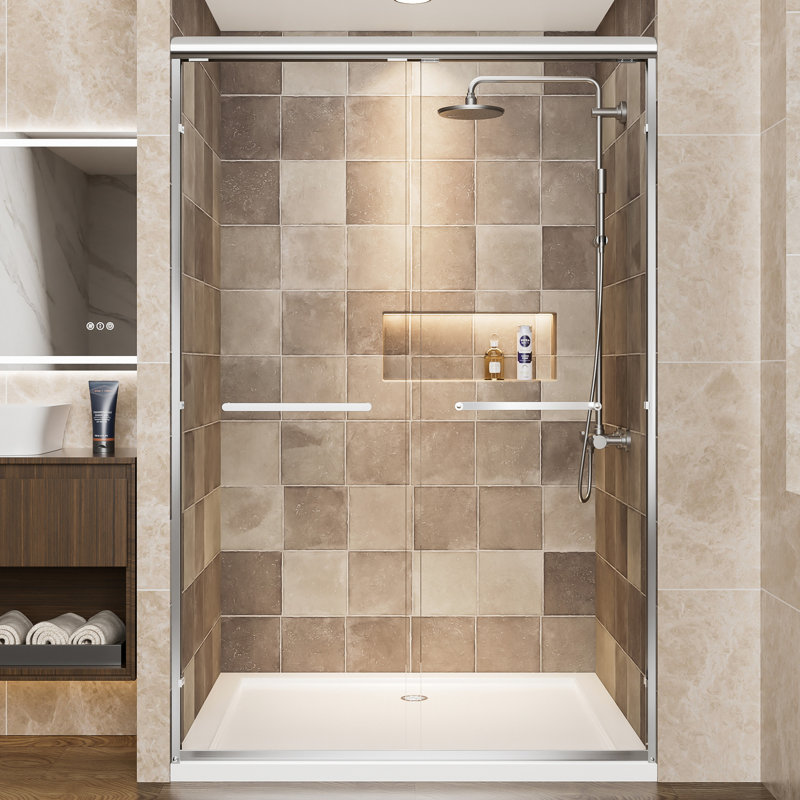 48" W X 72" H Double Sliding Shower Door With Aluminum Frame, 1/4" (6Mm) Tempered Glass And - Shatter Film, Stainless Steel Handles, Waterproof Design Easy Installation In Bathroom Door, Clear Proof