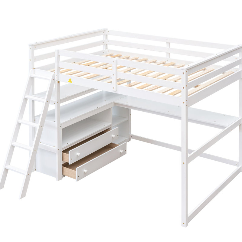 Lit mezzanine double pleine grandeur avec bureau, tablette et tiroir