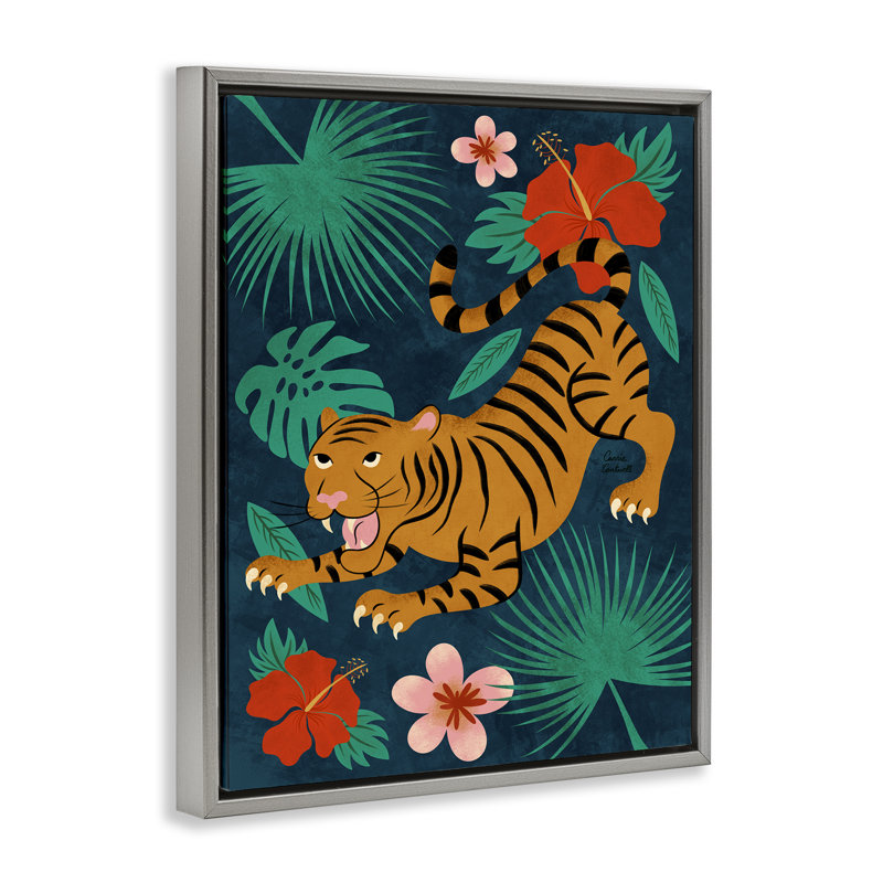  "Tigre accroupi", art mural par Carrie Cantwell, Cadre flottant gris lustré, H 21 po x l 17 po