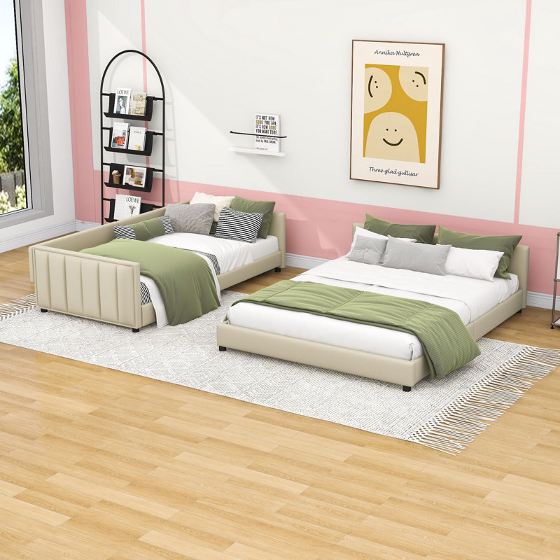 Yoli Queen Size PU Upholstered Platform Bed with Slats, Beige