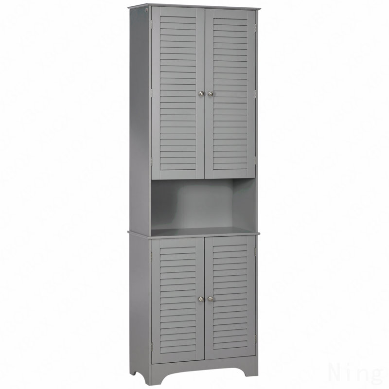 Tall Narrow Freestanding Bathroom Linen Storage Cabinet - 2 Cabinets, Countertop, Adjustable Shelves And Doors, Gray