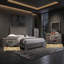 Ensemble de chambre à coucher grand lit en bois gris avec tête de lit à chevrons, commode, miroir, commode et 2 tables de chevet-546469693