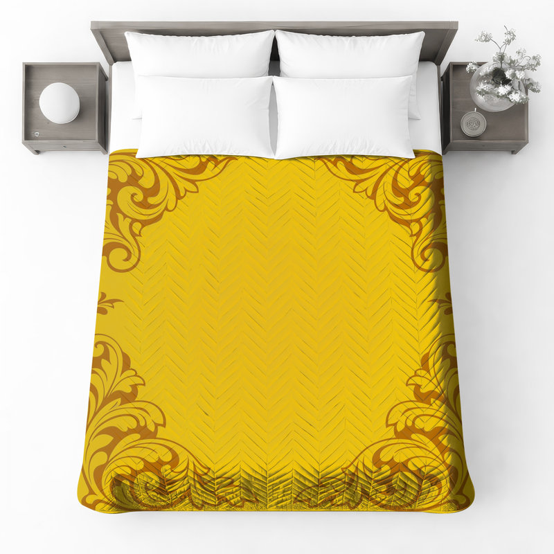 Couvre-lit matelassé jaune à motif de coins orné toutes tailles, Lit simple