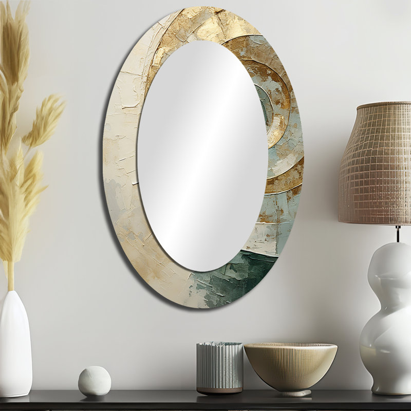 Beige Minimalism Spiral Poteries III - Large Oval Wall Mirror On Metal, 36" x 24"